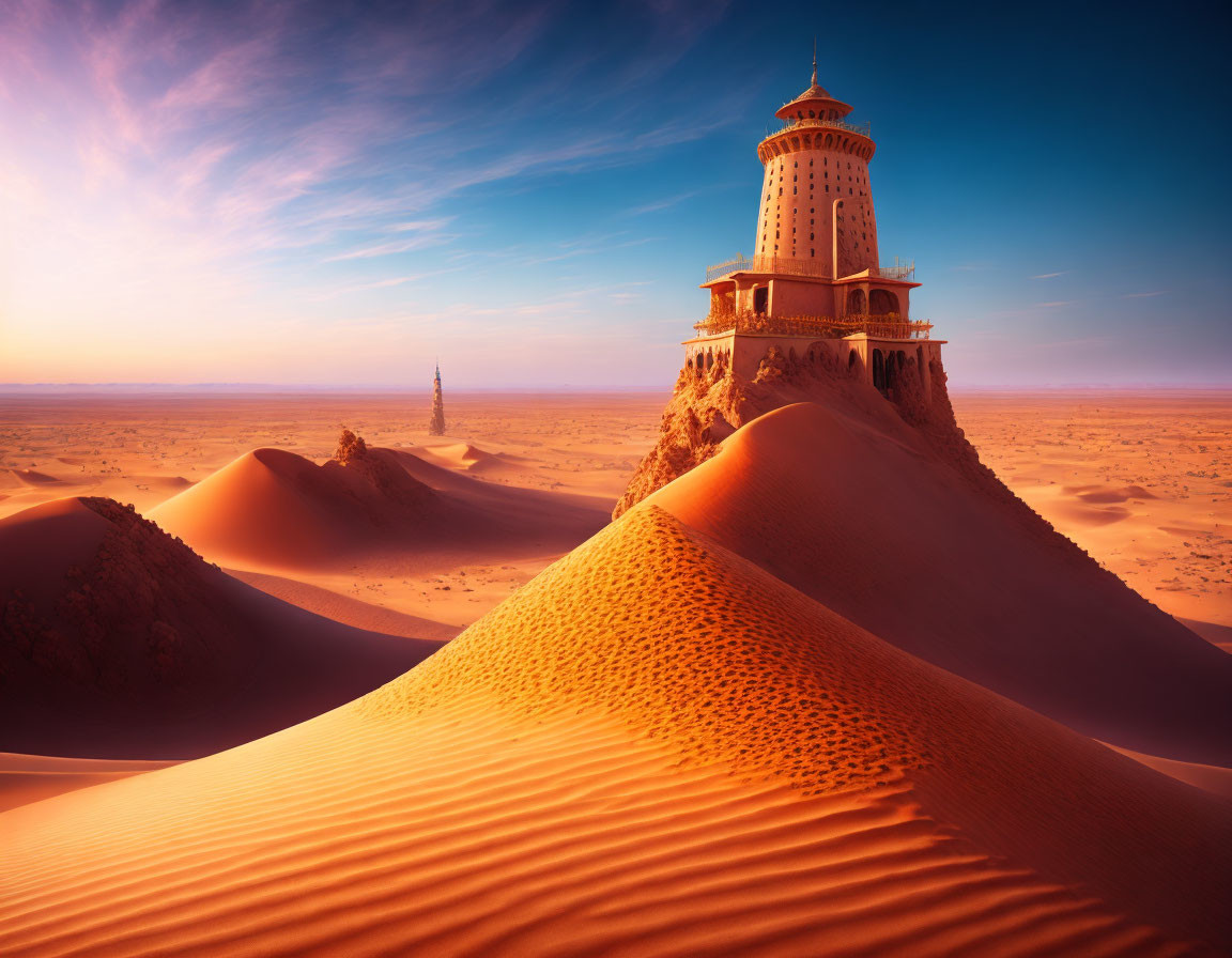 Tower in Golden Desert Sands under Hazy Sky