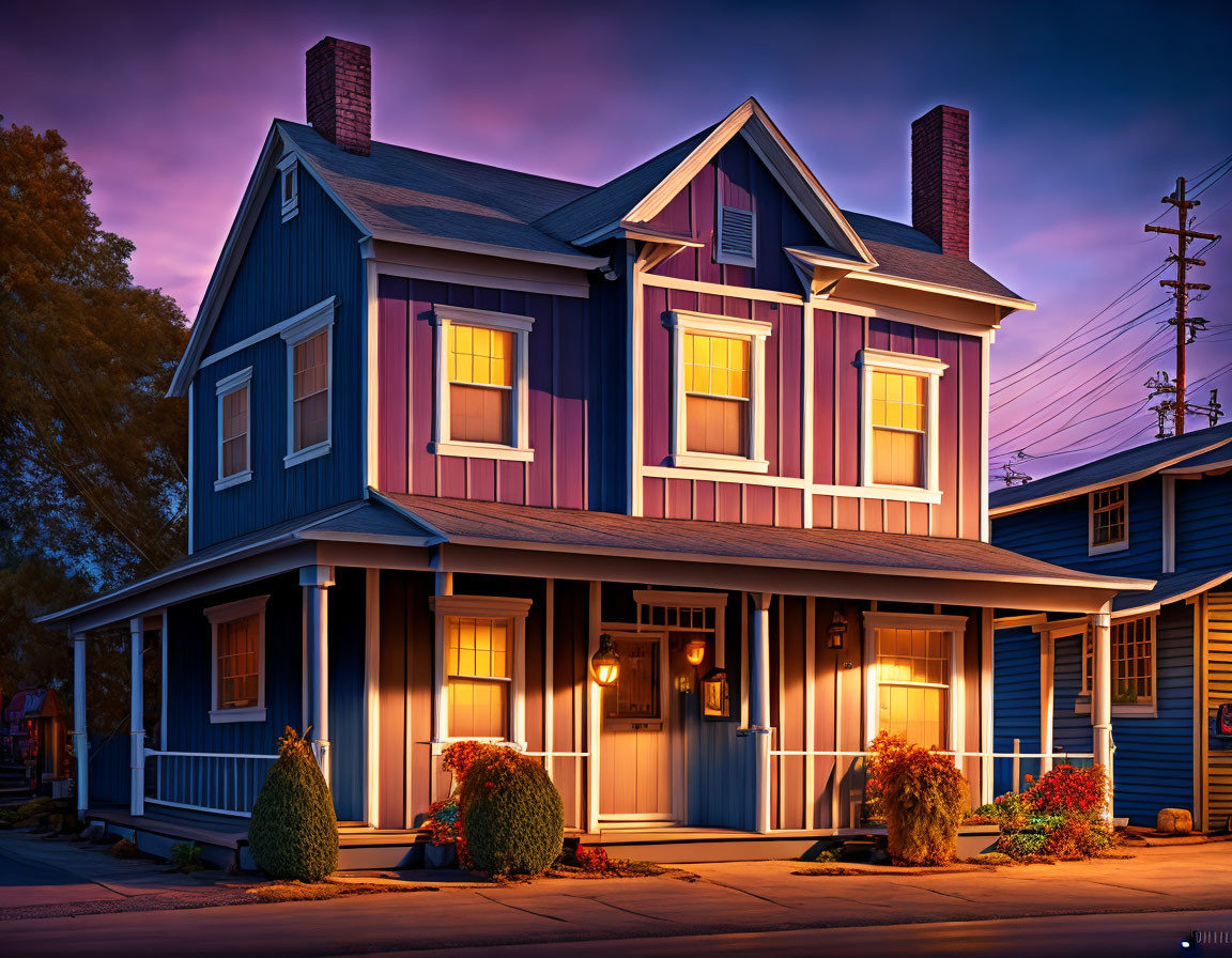 Two-story blue house with pink trim and front porch at twilight