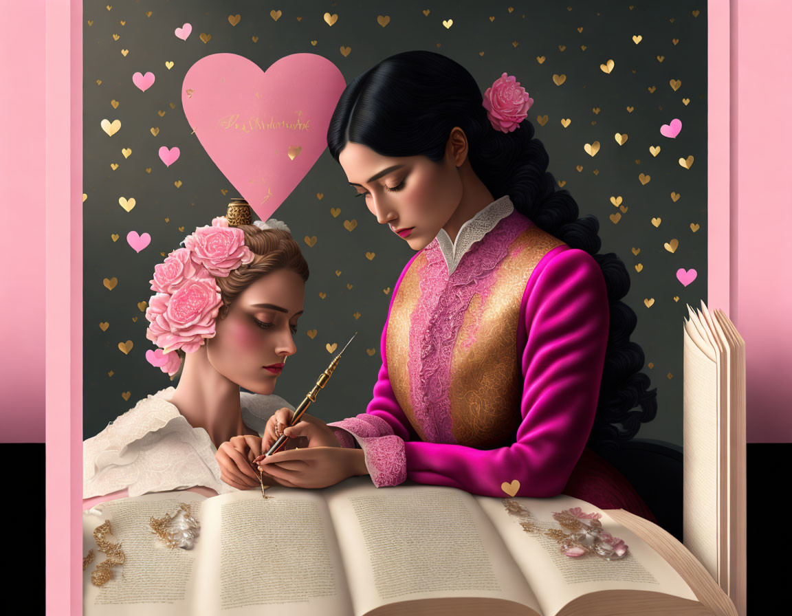 Vintage-themed artwork featuring two women writing in a book amidst hearts and floral motifs.