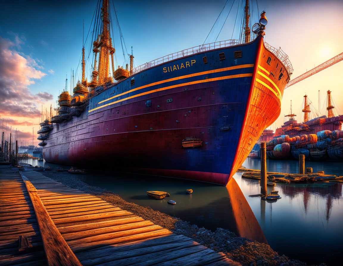 Large Blue Ship "SIIAARP" Moored at Wooden Pier at Sunset