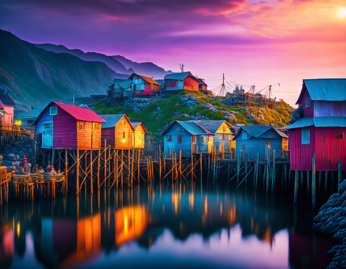 Vibrant sunset sky over colorful stilt houses by serene coastline