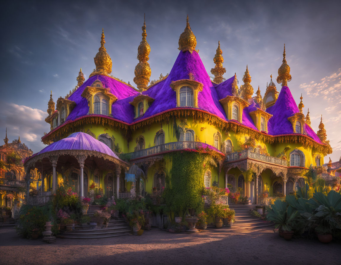 Majestic mansion with purple rooftops in golden sunset light