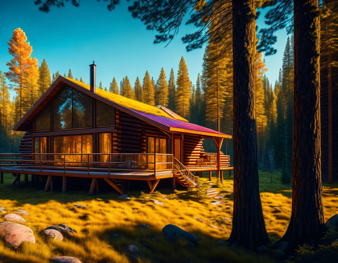 Rustic wooden cabin with large deck in pine forest at sunset