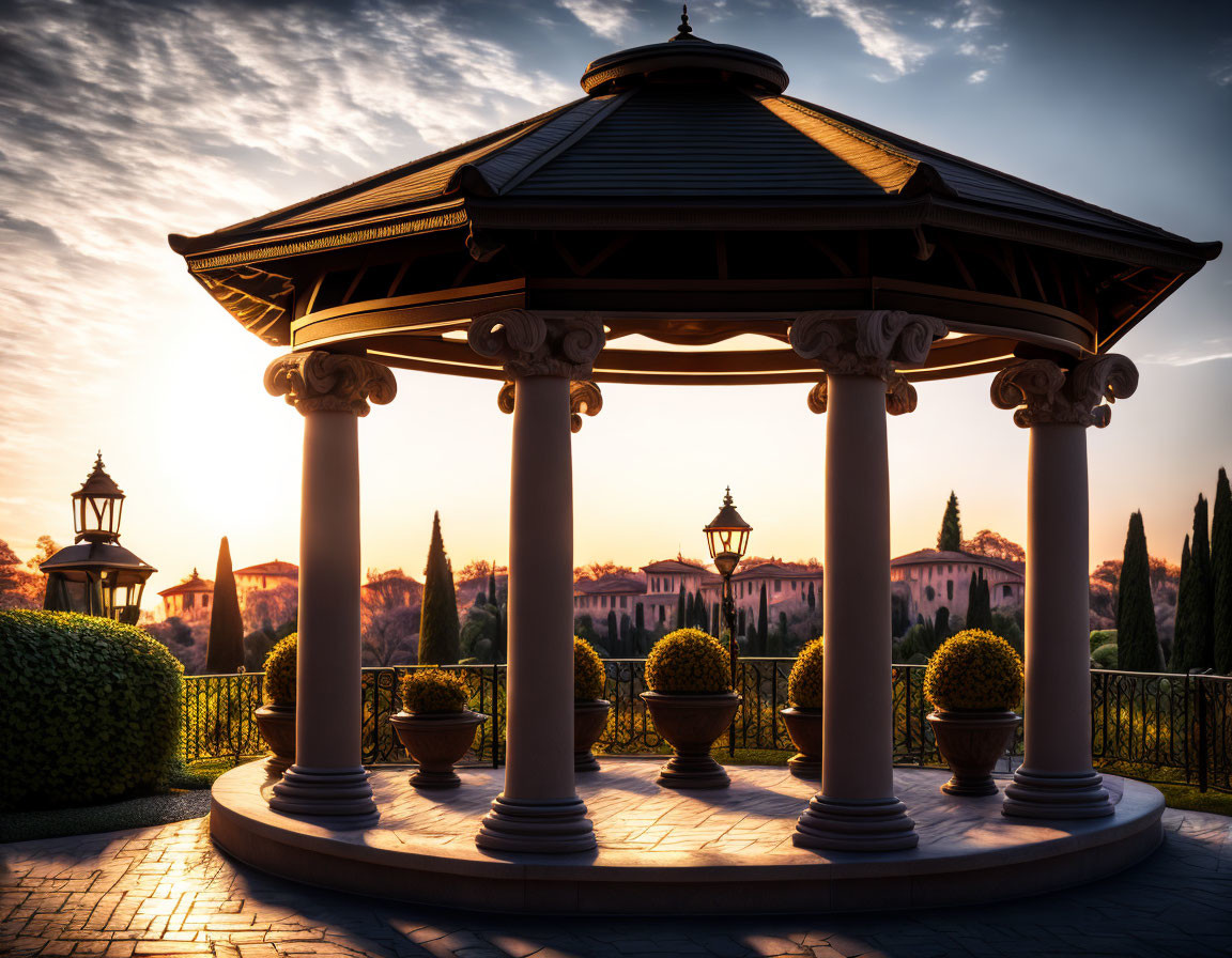 Sunset view of classical gazebo with pillars and cupola in landscaped garden