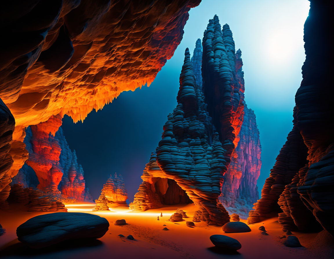 Spacious cavern with towering rock formations and blue glow, sand-covered floor, human figure for scale