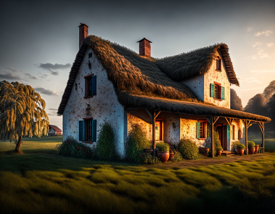 Traditional cottage with thatched roof, white walls, and green shutters in scenic sunset setting.