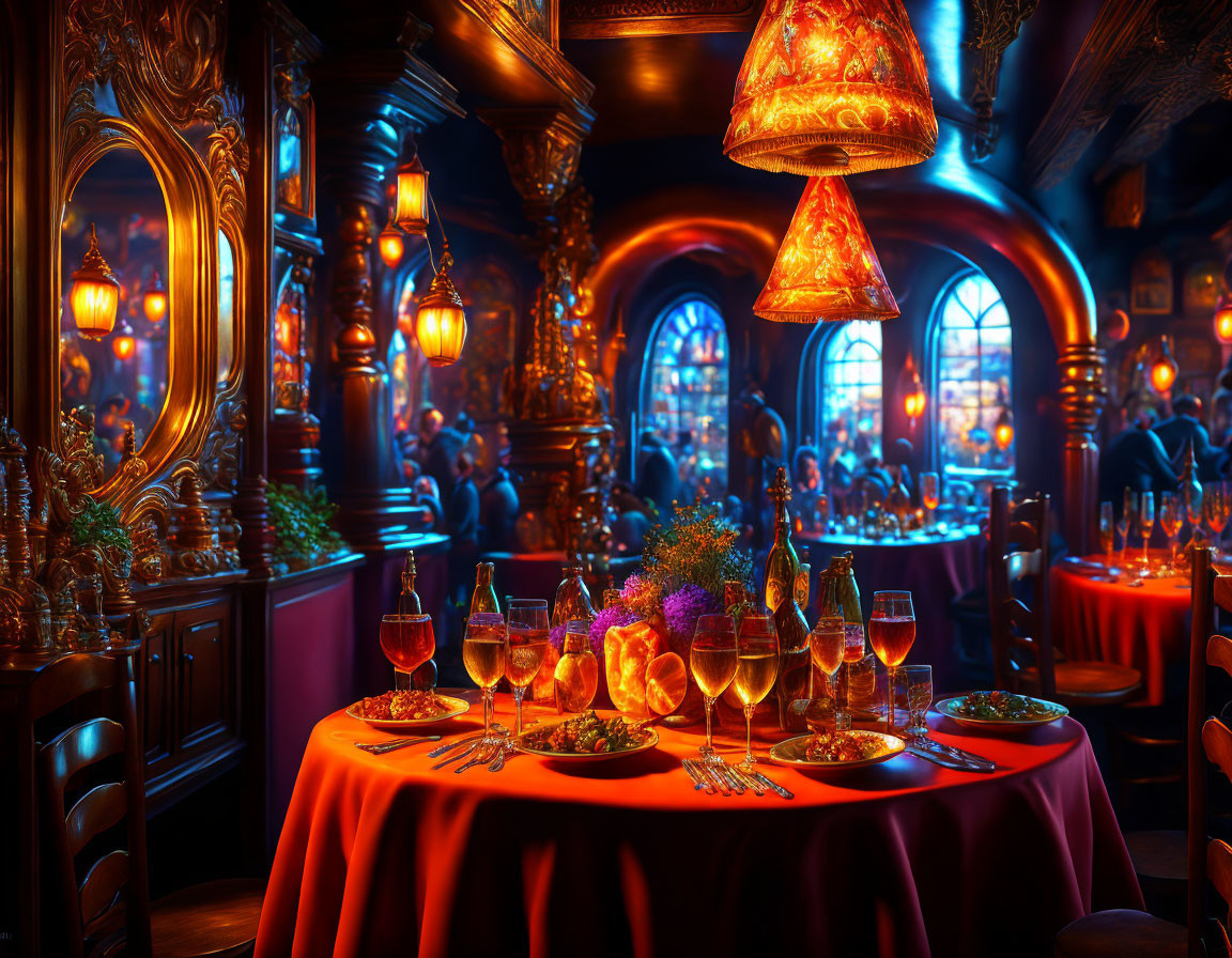 Luxurious Restaurant Interior with Red Tablecloths and Glowing Lamps