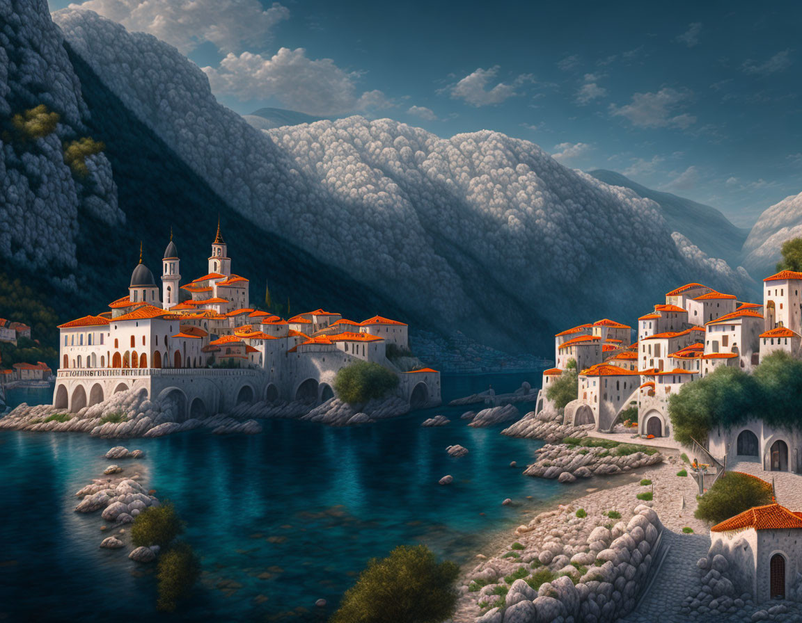 Scenic coastal town with cliffs, orange roofs, and emerald sea