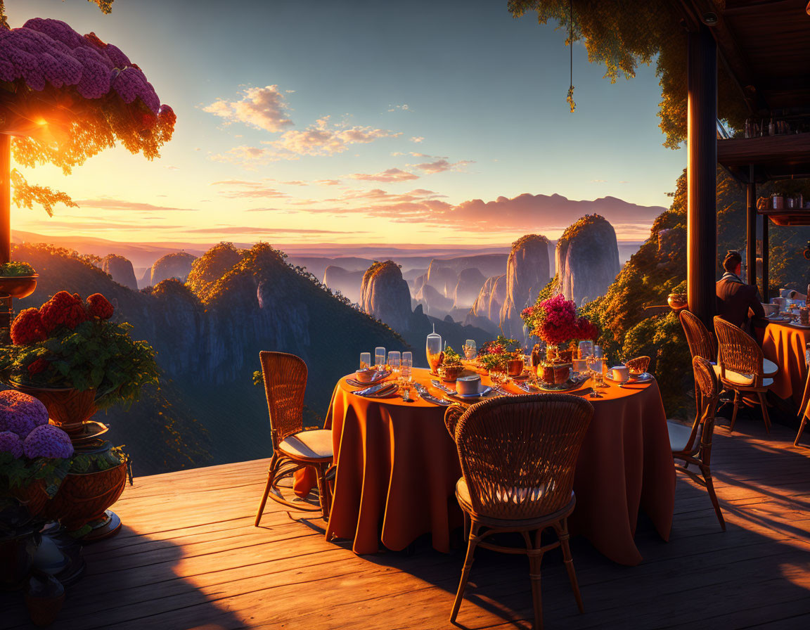 Elegant Table Setting on Terrace with Mountain View at Sunset