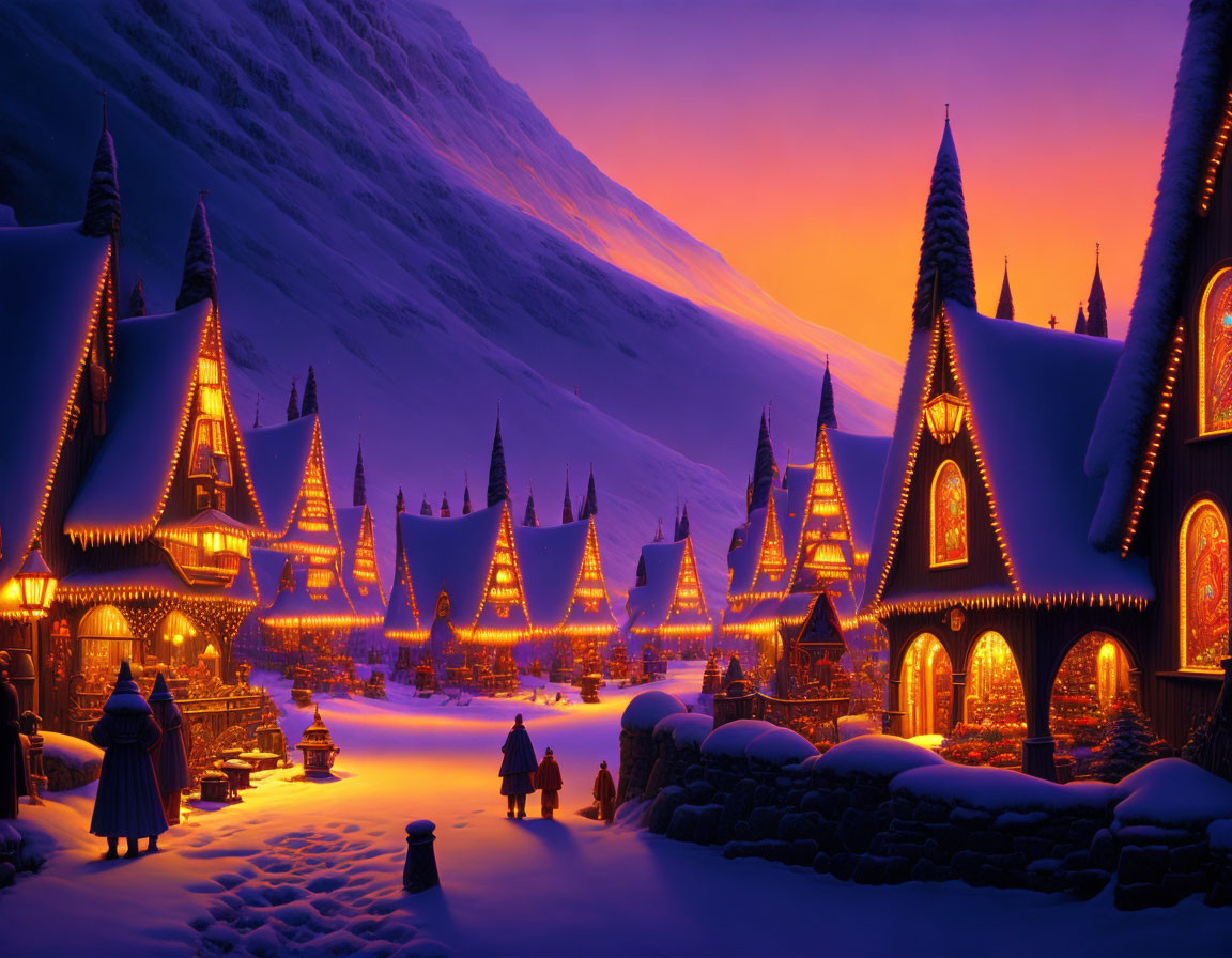 Snow-covered mountain village with glowing lights at twilight