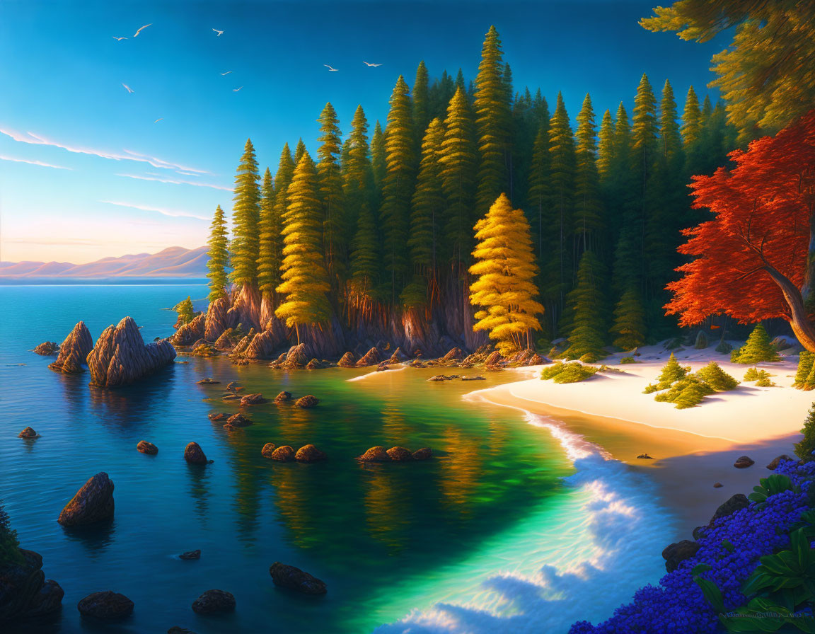 Colorful Seascape with Beach, Forest, and Clear Sky