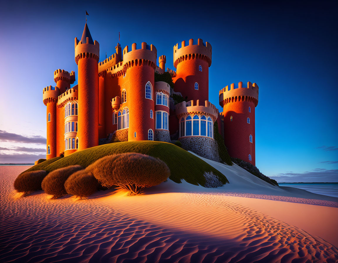 Red castle with turrets on sand dune under twilight sky.