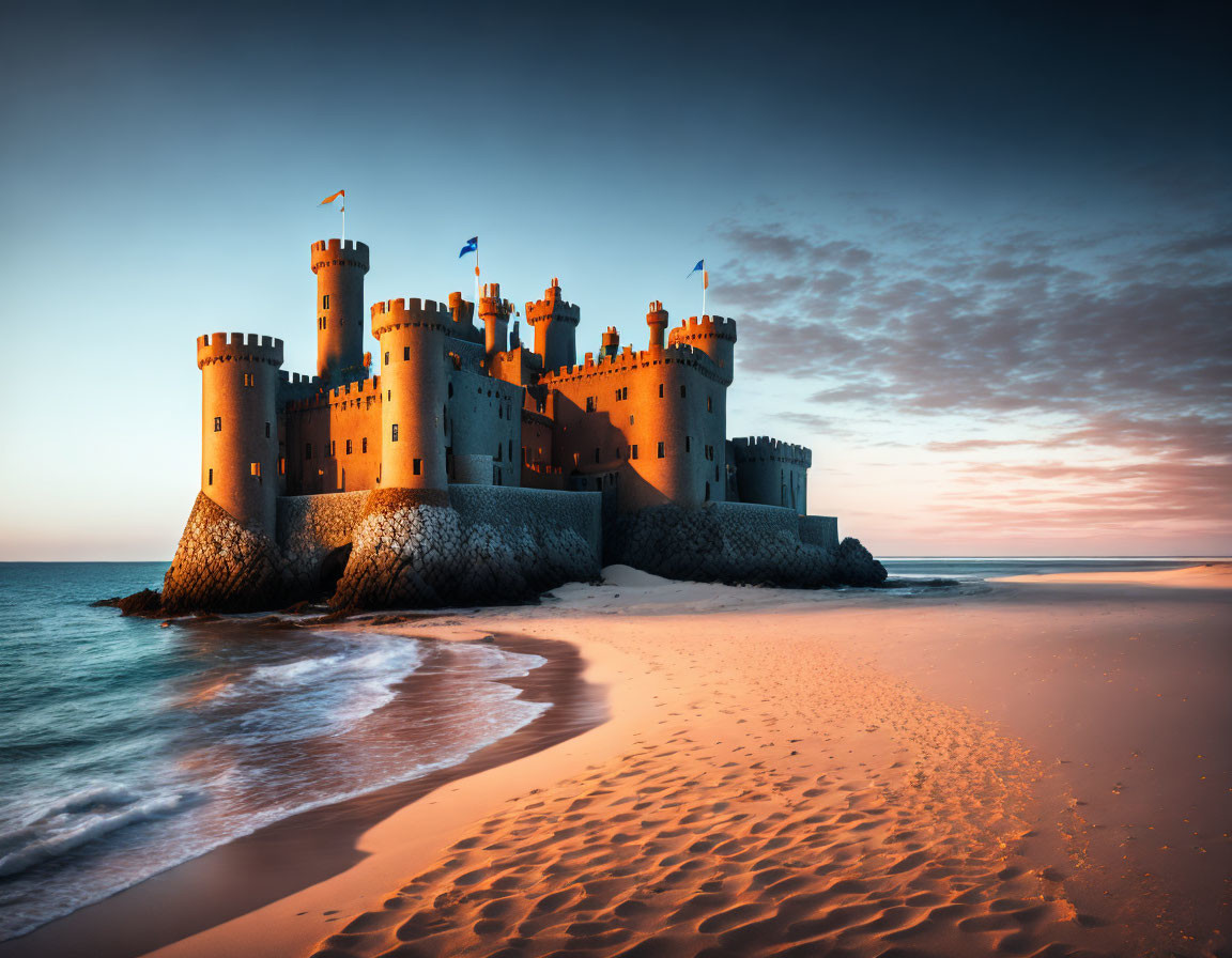 Majestic castle with multiple towers on sandy beach at sunset