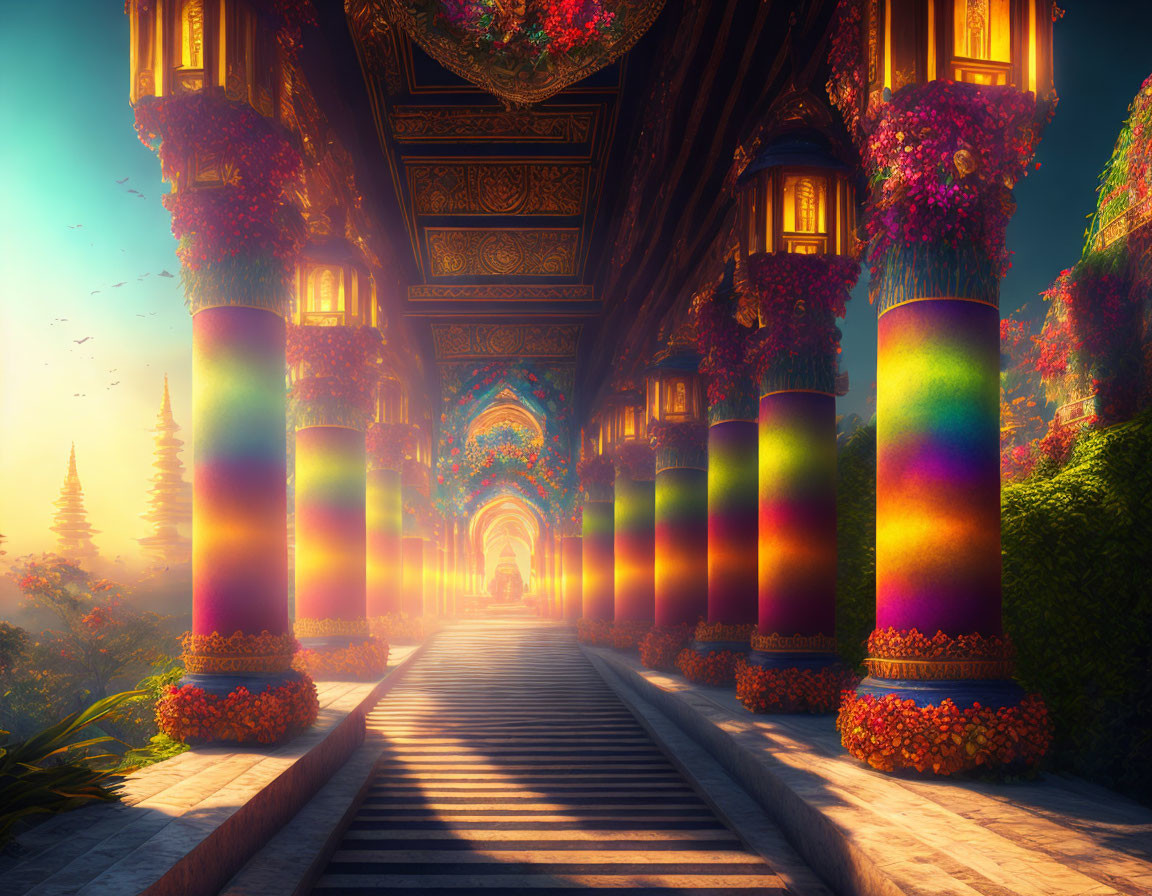 Vibrant pathway with colorful columns and hanging gardens under a mystical archway