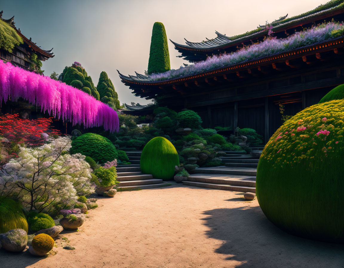 Tranquil Japanese Garden with Green Bushes and Wisteria