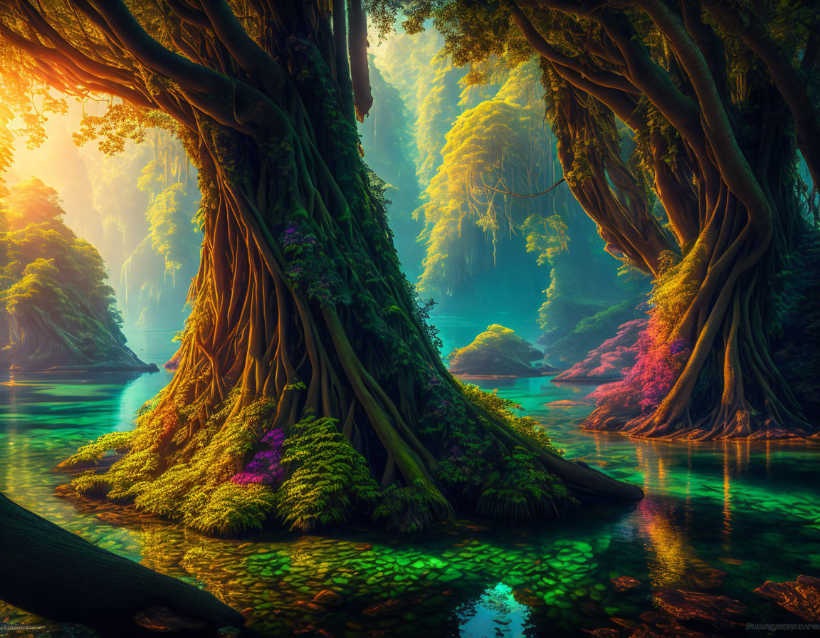 Ethereal forest with ancient trees, vibrant foliage, and serene river