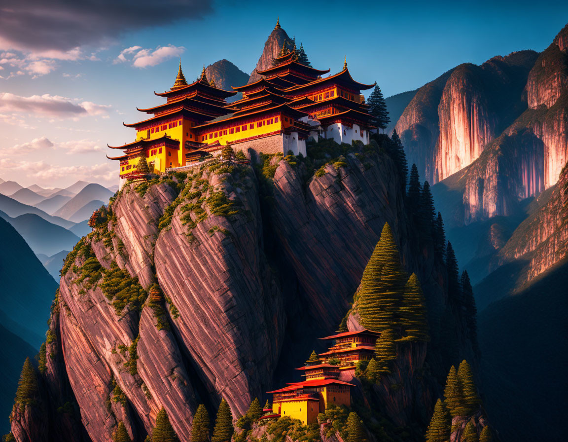 Traditional Asian temple on steep cliffs amidst lush greenery and dramatic mountains at sunset.