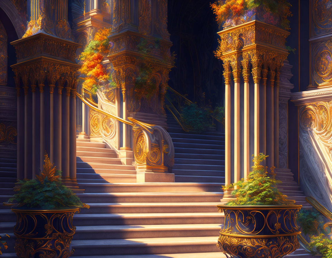 Golden staircase with plants under mystical light in opulent setting