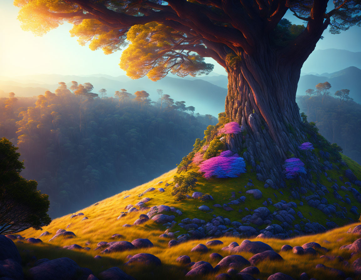 Majestic tree on hill with sun rays, forest, rocks, and purple flowers