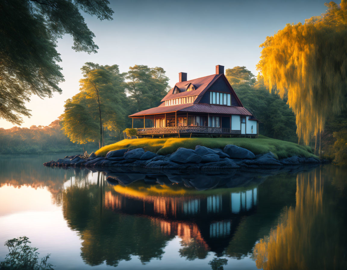 Tranquil lakeside house at sunset with reflection, surrounded by lush trees