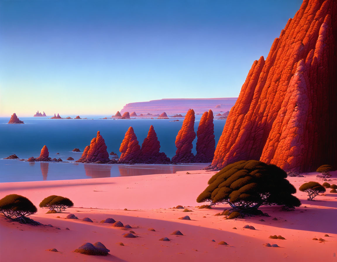 Surreal landscape with orange rock formations, blue waters, green shrubs, and pink sandy beach