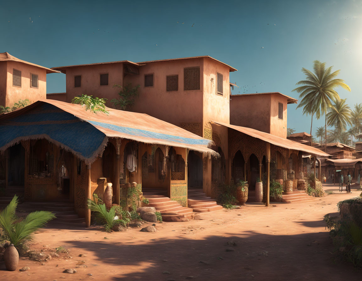 Rustic village scene with earthen buildings and palm trees