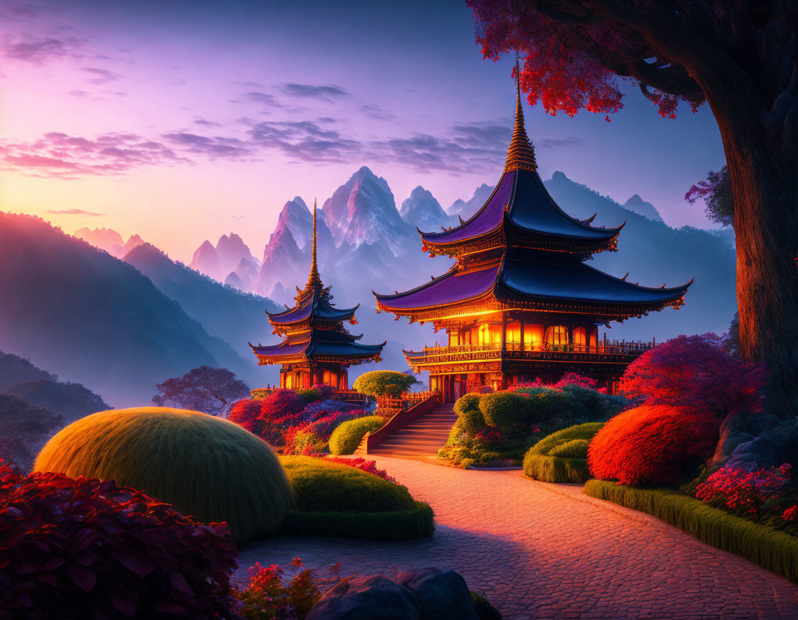 Traditional pagodas in twilight with misty mountains and colorful foliage