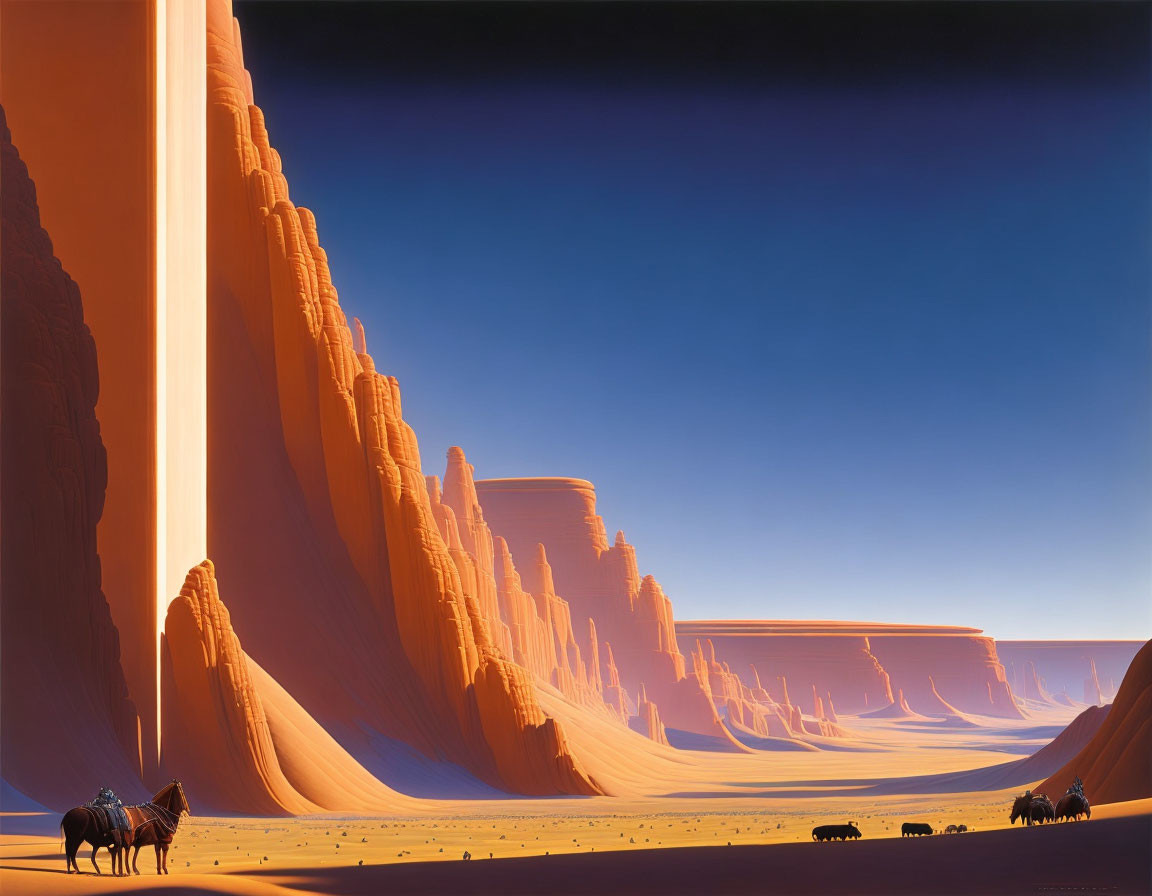 Desert cliffs painting with elephants caravan beneath clear sky