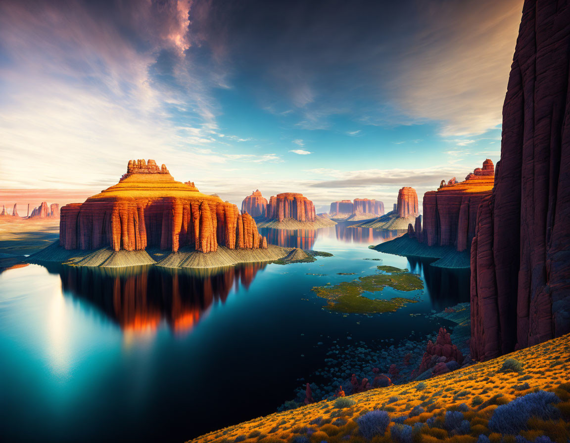 Layered Rock Formations Reflected in Tranquil Water at Sunset