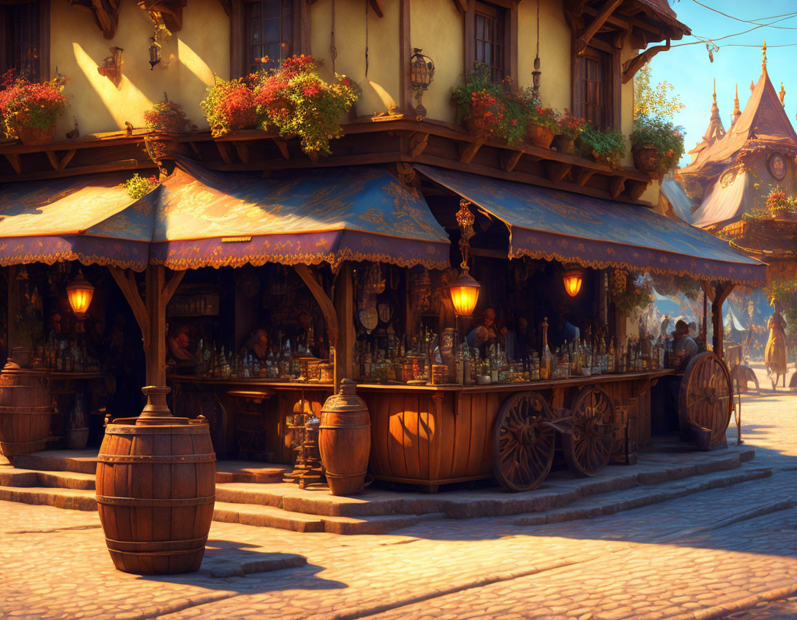 Medieval marketplace with ornate stall, wooden barrels, lanterns, and flowered balconies