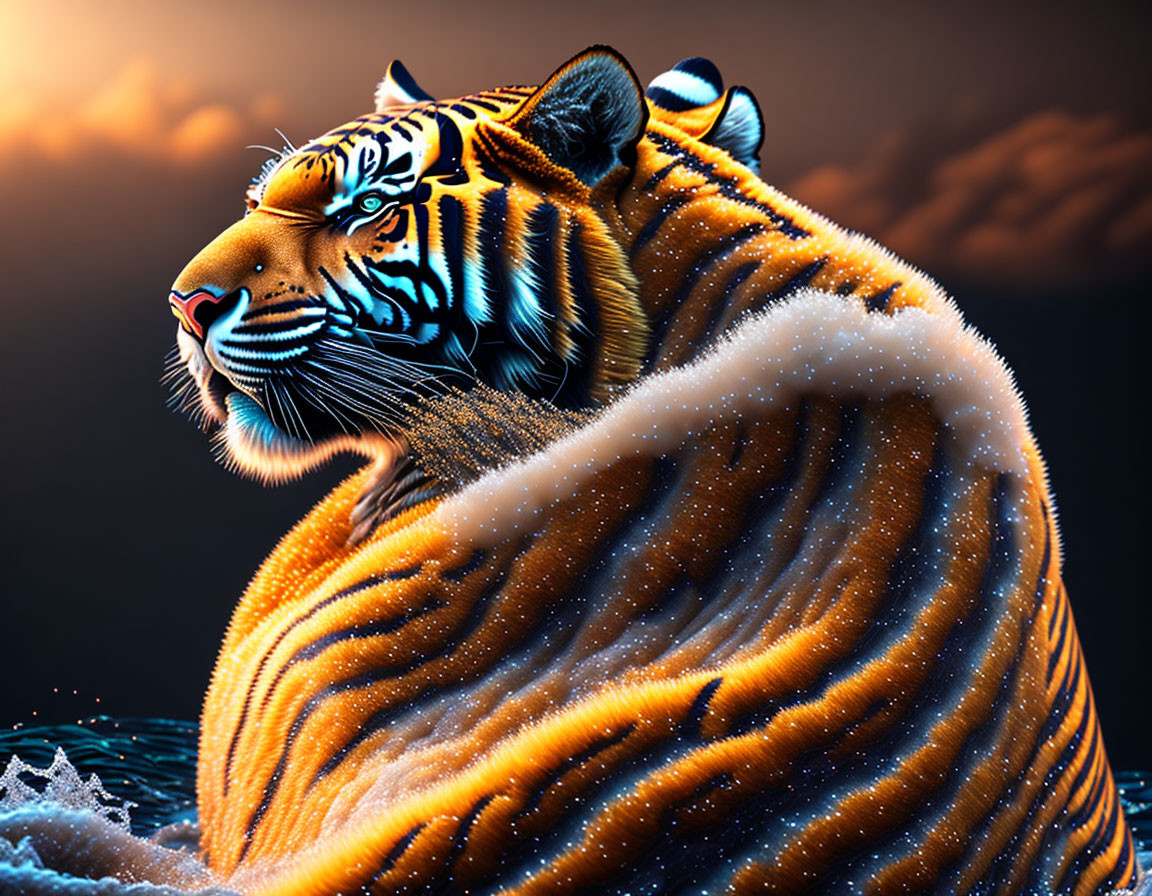 Majestic tiger with orange and black stripes against mountain backdrop