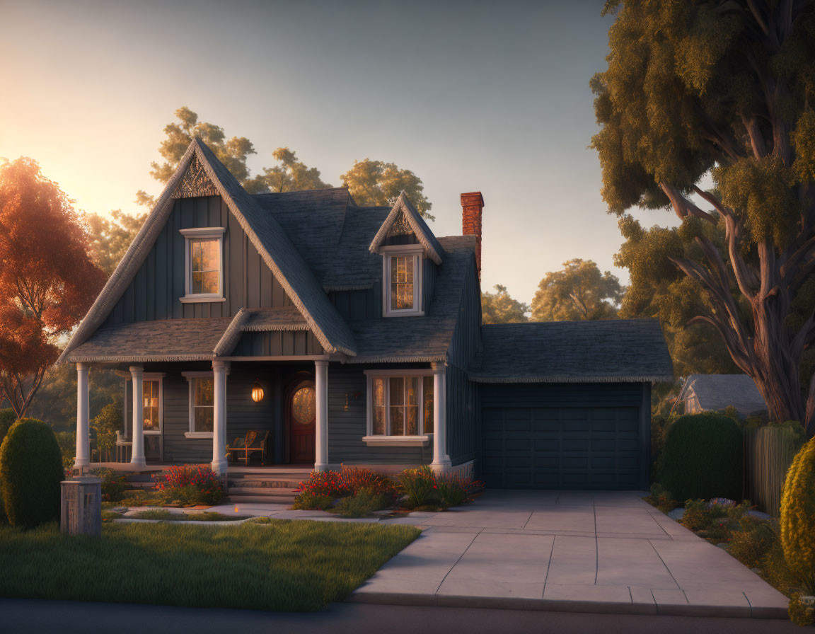 Suburban house with gable roof, garage, and glowing porch light at dusk