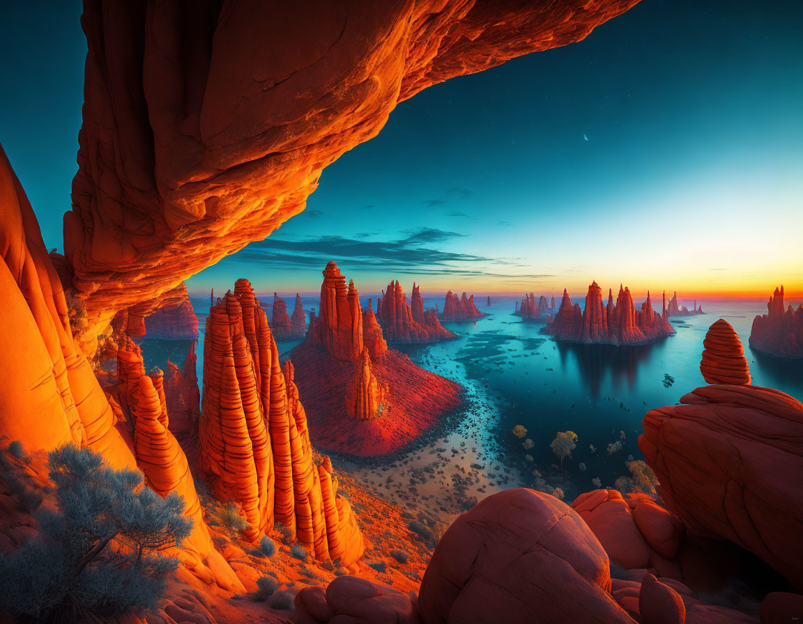 Tranquil sunset over surreal red rock formations