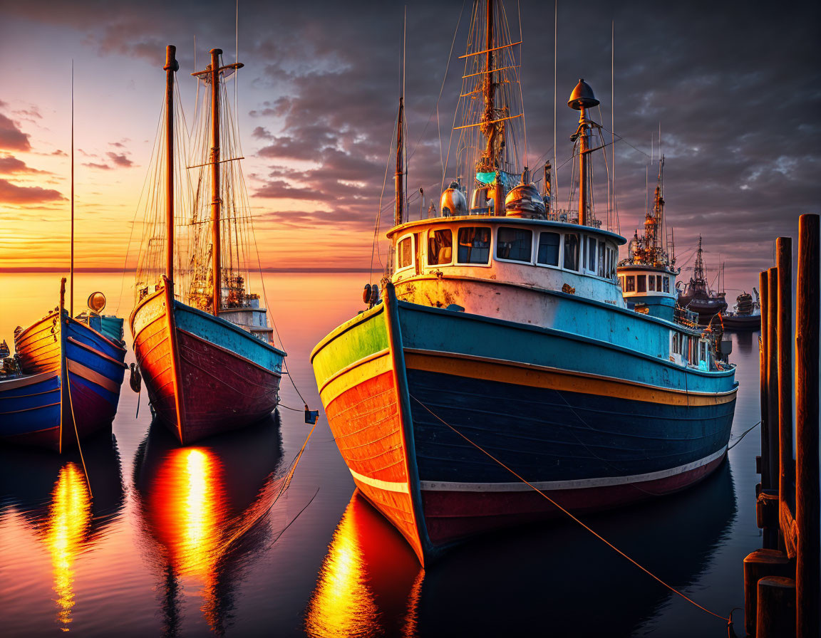 Boats moored at tranquil harbor during vibrant sunset