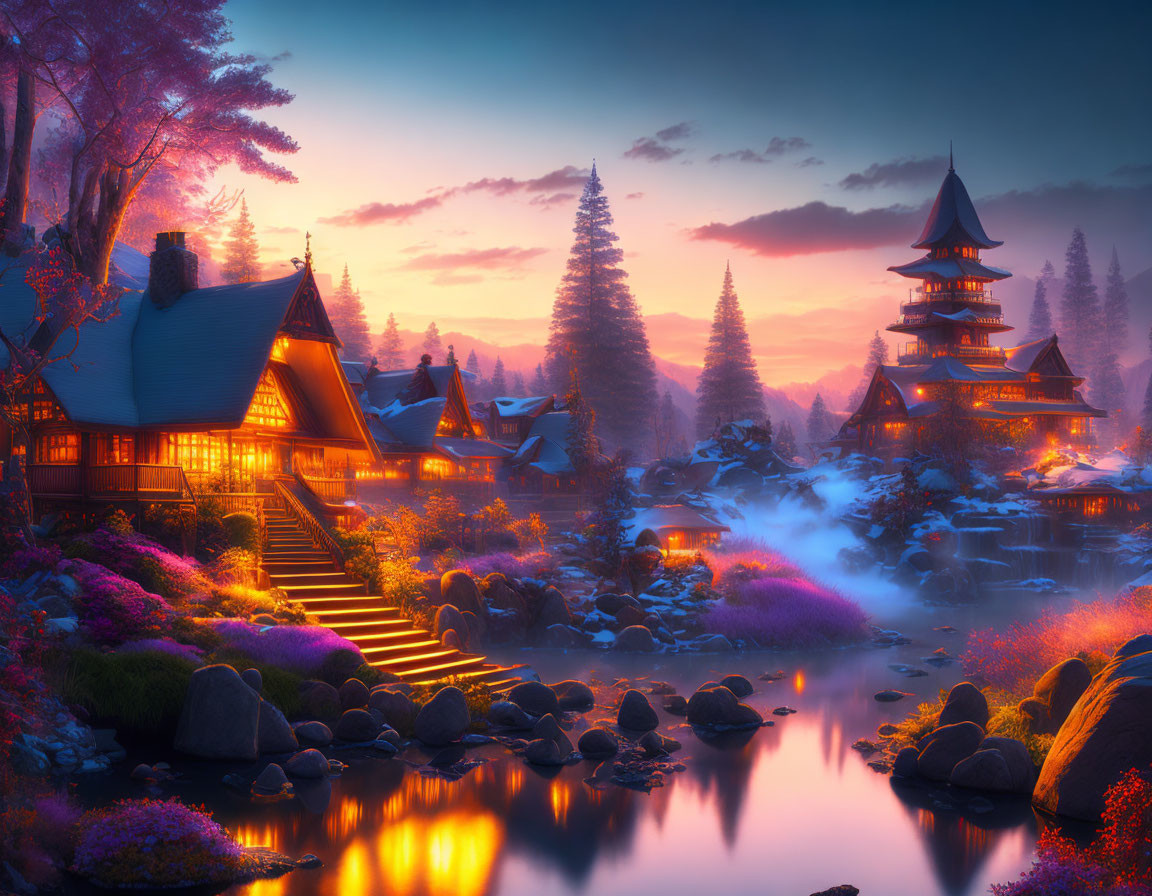 Colorful Village by Calm River at Sunset with Pagoda in Vibrant Sky