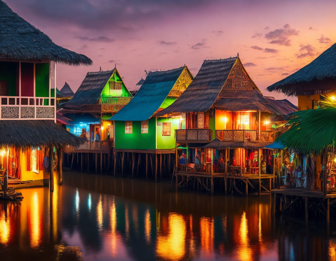 Colorful Stilt Houses Reflecting Lights Along Tranquil Waterway