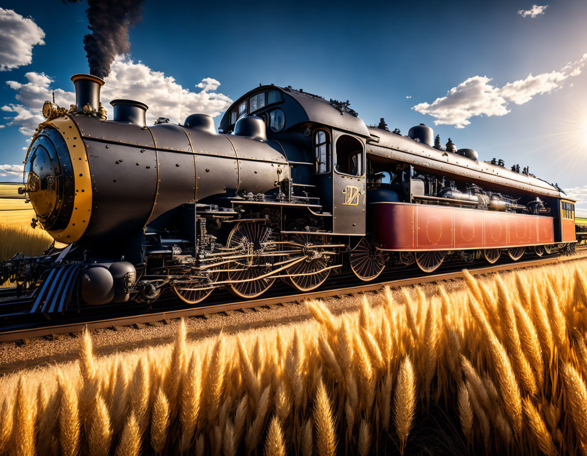 Vintage steam locomotive in golden wheat field with blue sky