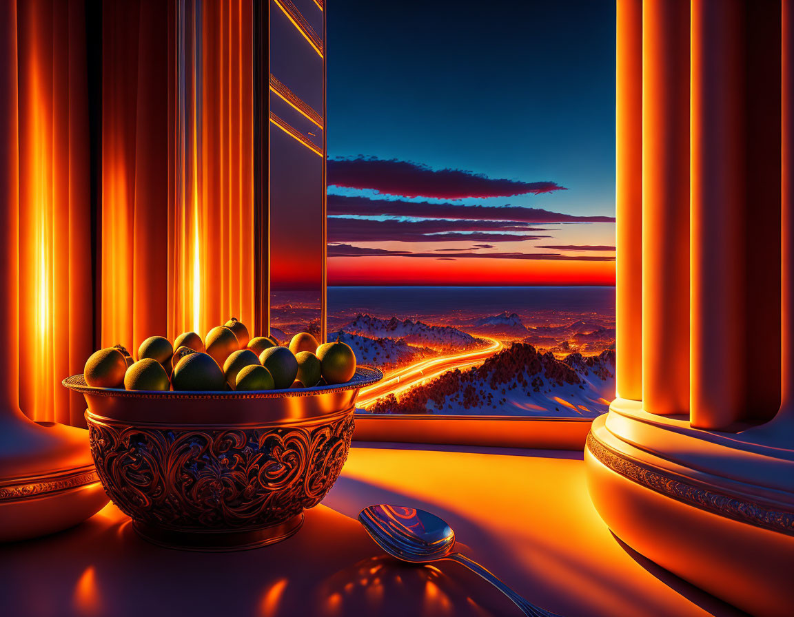 Green Apples Bowl on Windowsill with Sunset View over Snowy Landscape