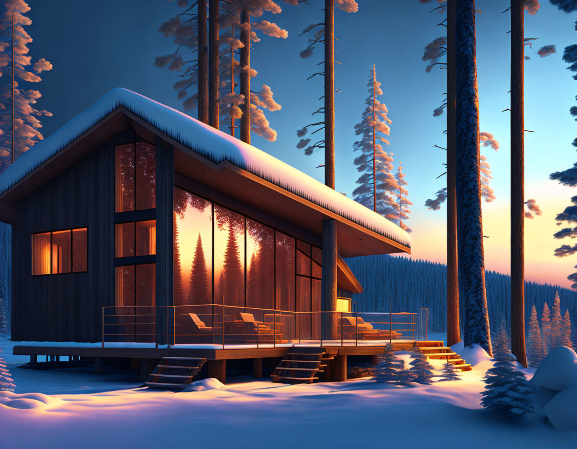 Snow-covered cabin in tranquil forest at dusk