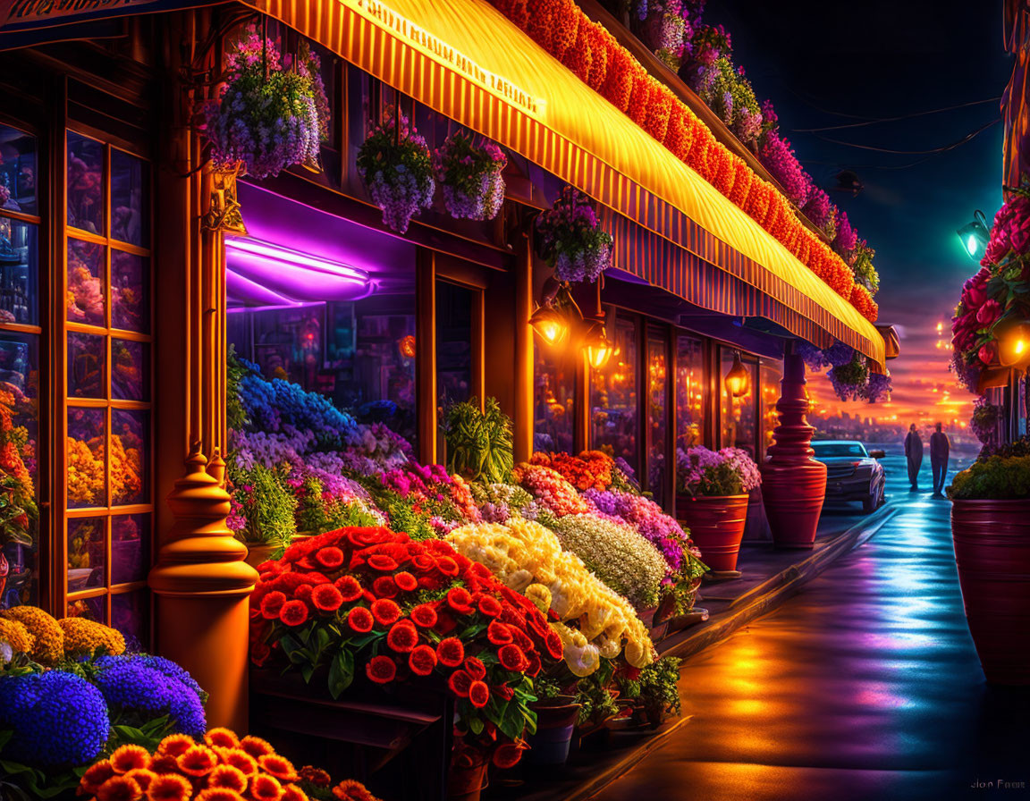 Colorful Flowers and Neon Lights Illuminate Night Street