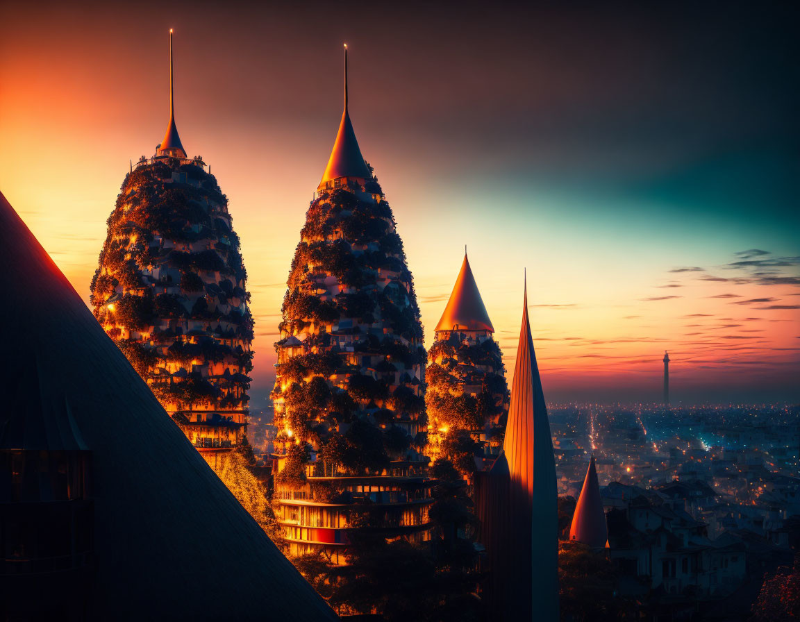 Twilight hues backdrop conical buildings with illuminated windows overlooking cityscape.