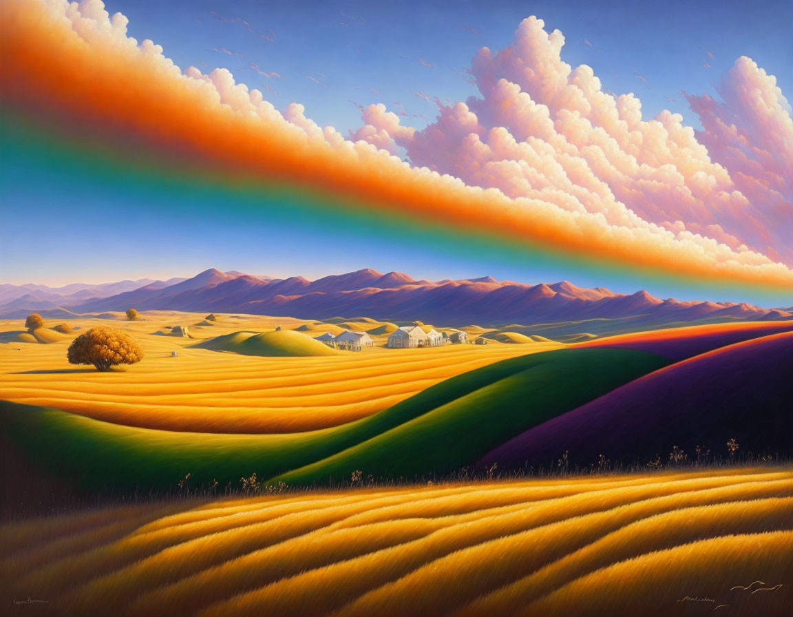 Colorful landscape painting with rolling hills, small house, trees, and vibrant skies.