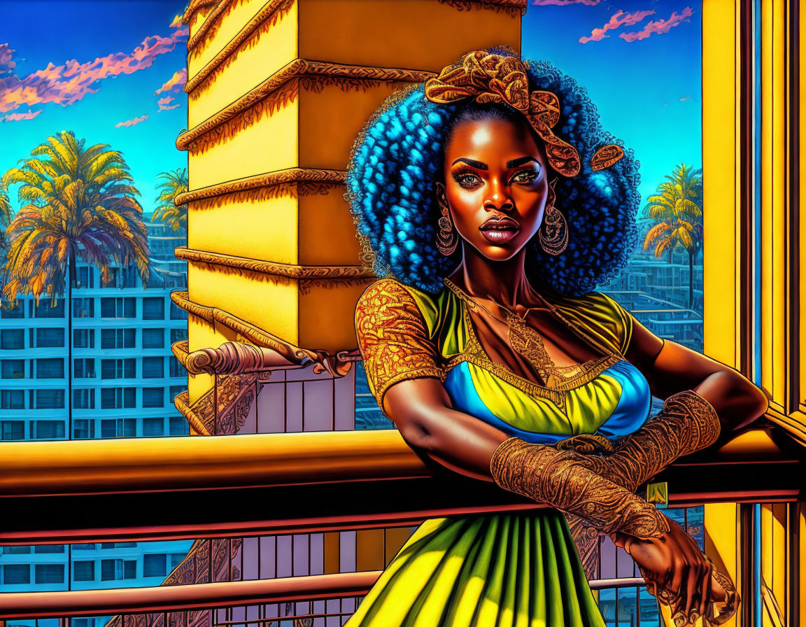 Digital artwork: Woman with blue hair and yellow dress on balcony with cityscape sunset