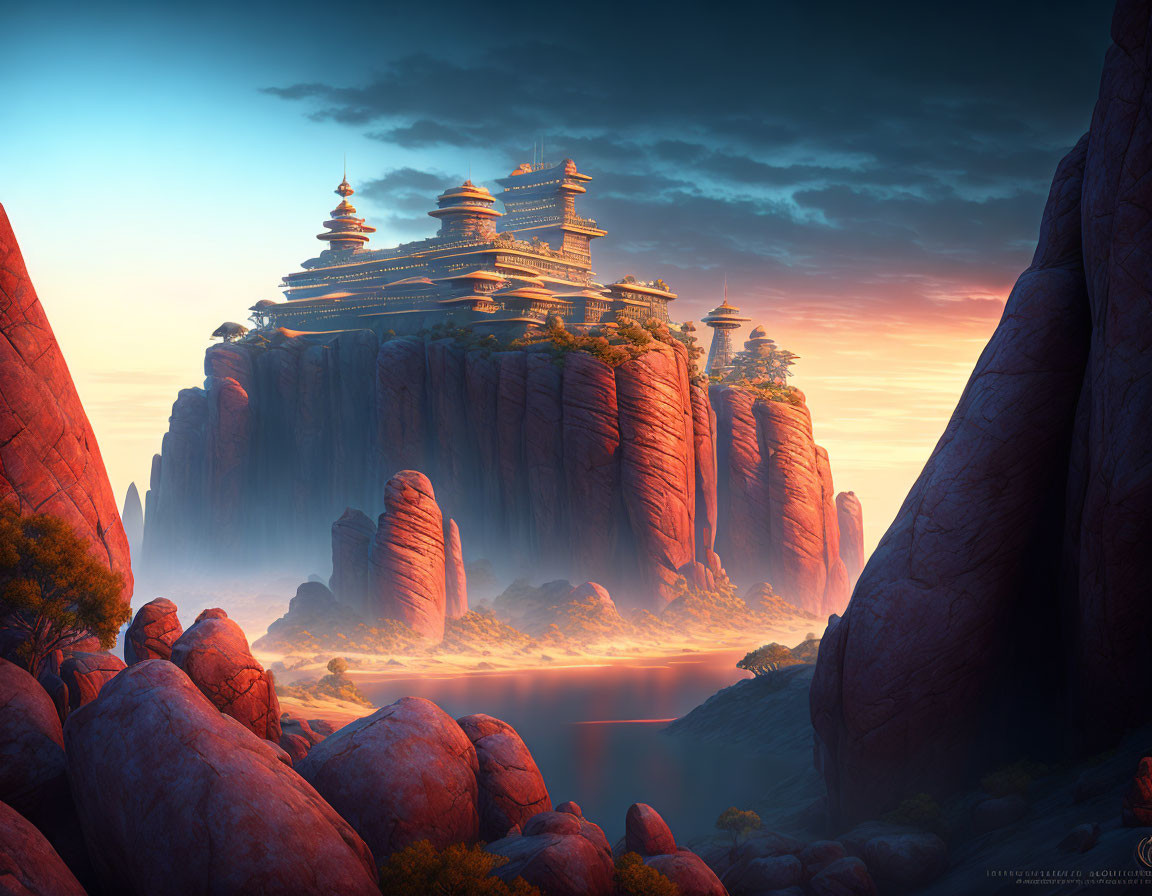 Majestic ancient temple on red cliffs at sunset