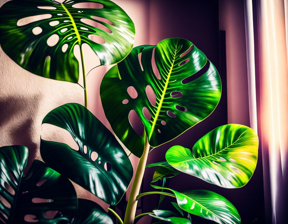 Monstera plant leaves in sunlight by window with drawn curtains