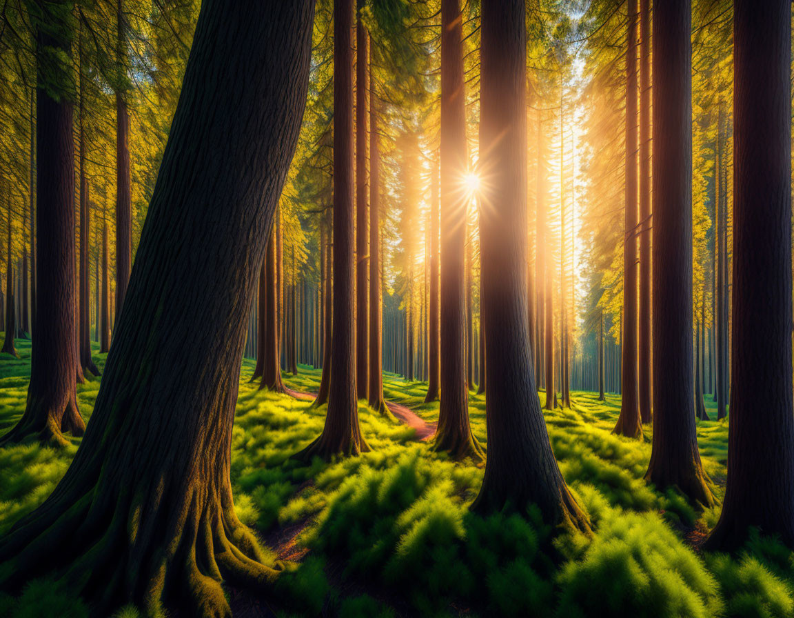 Dense Forest with Sunlight Piercing Through Tall Trees