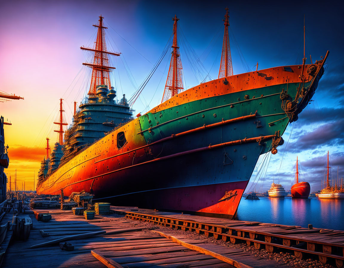 Colorful sunset sky over dock with green ship and historic tall ships