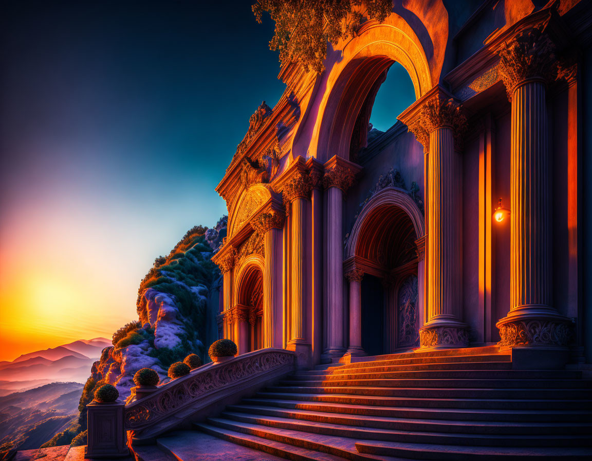 Vibrant orange and blue sunset behind classical architecture and lush greenery