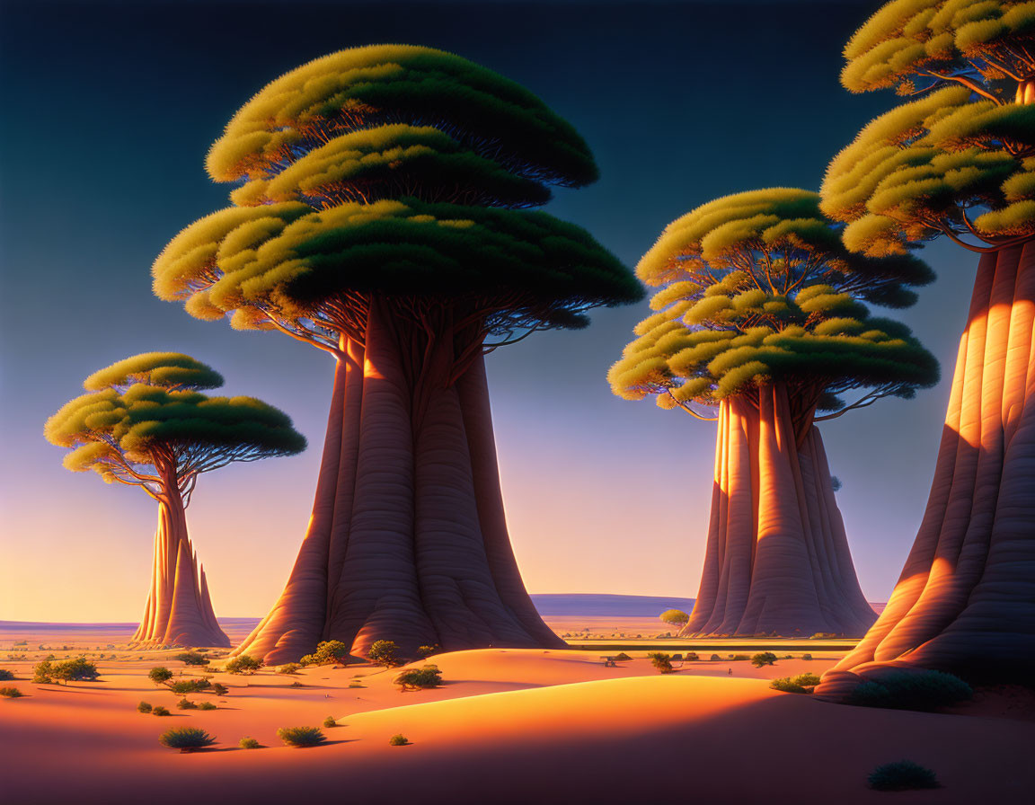 Surreal landscape with oversized mushroom-shaped trees under warm dusky sky