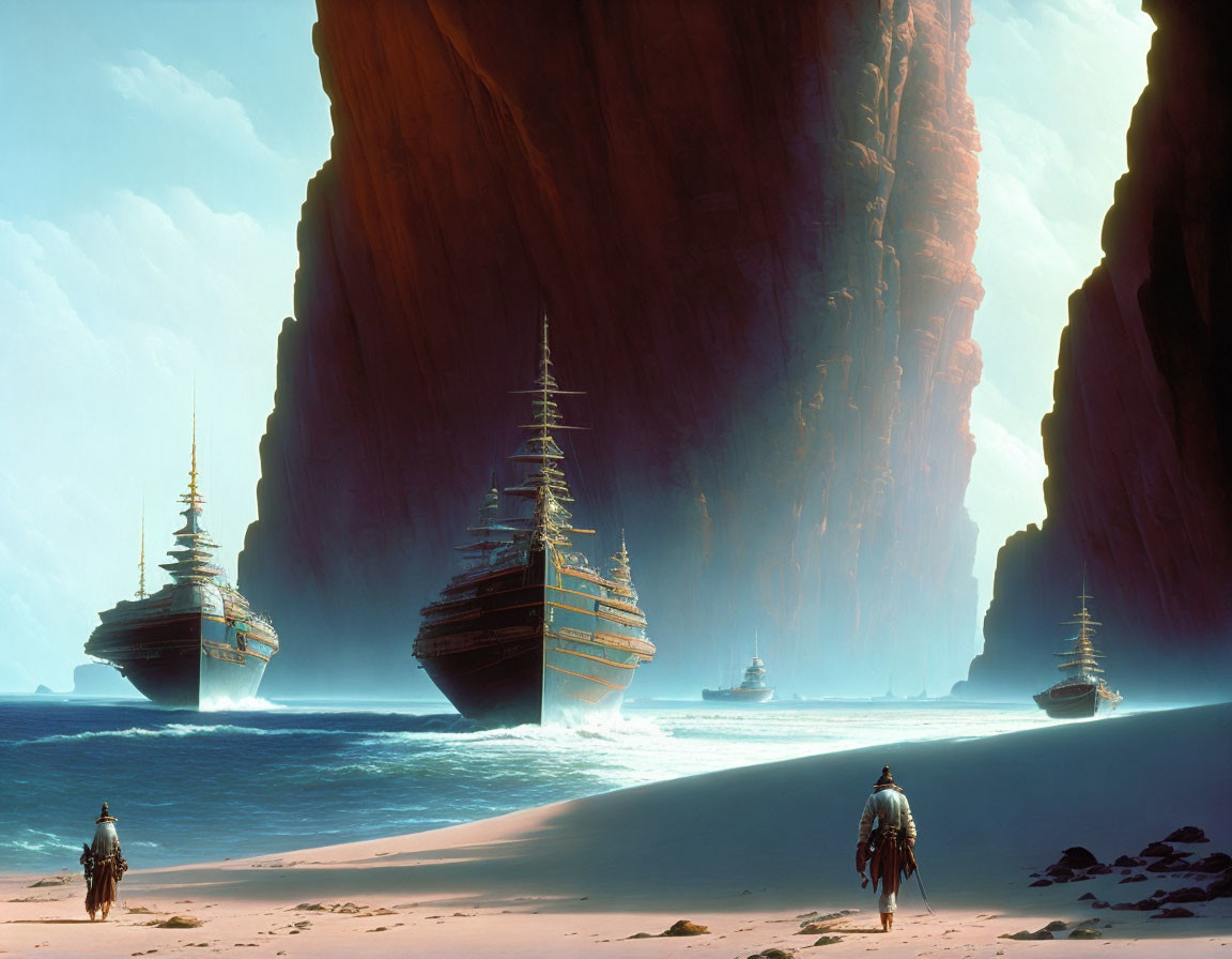 Sci-fi scene: Huge ships, towering rocks, figures on sandy beach